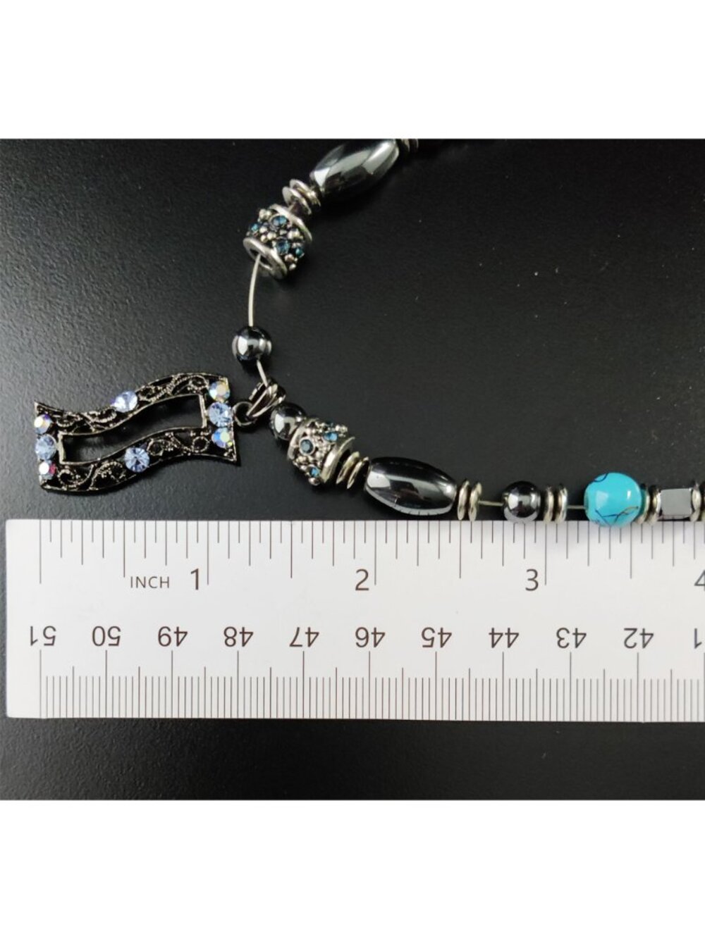 Vintage 90s Silver Art Deco Pendant Necklace Blue AB Crystals Rhinestones 18" - Picture 5 of 6